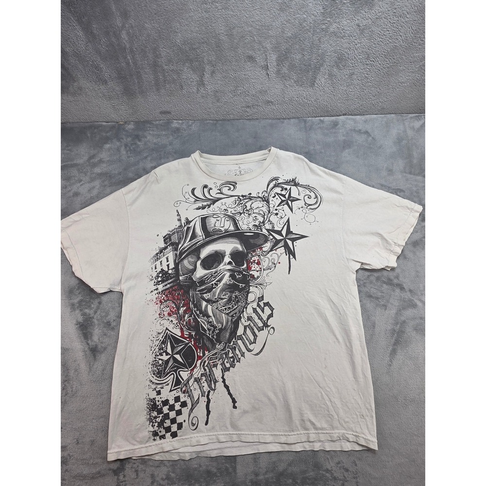 Infamous Mens Graphic T Shirt Sz 2X Cream Skull Bandana Streetwear Tattoo Art